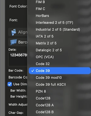 Create Code 39 barcodes