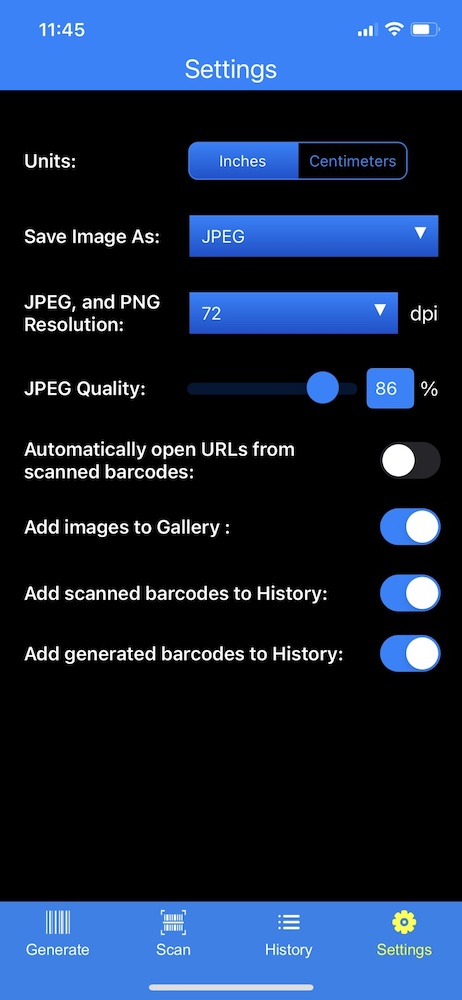 barcode generator for ios settings