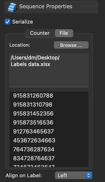 What is sequence properties panel in barcode label maker application for mac?